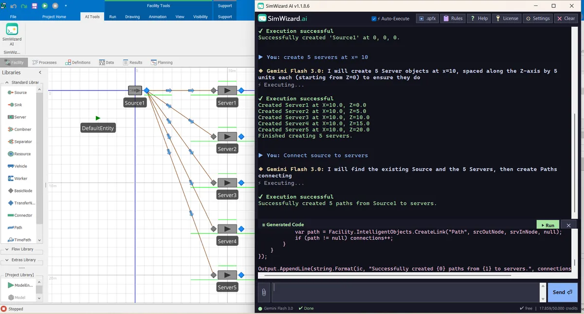 SimWizard AI chat panel active inside the Simio simulation modeling environment